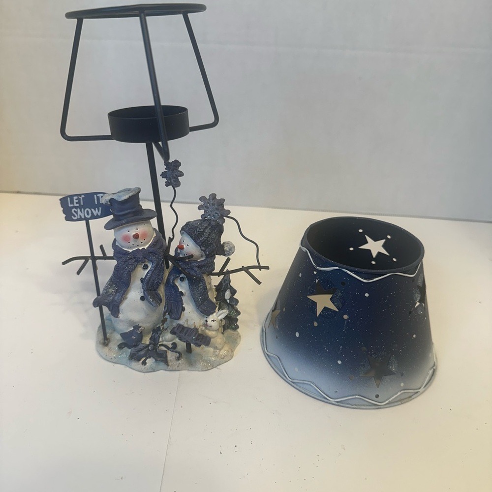 Snowman Let It Snow Jar Candle Holder Topper Blue Star Metal Shade Winter Decor - Picture 10 of 12